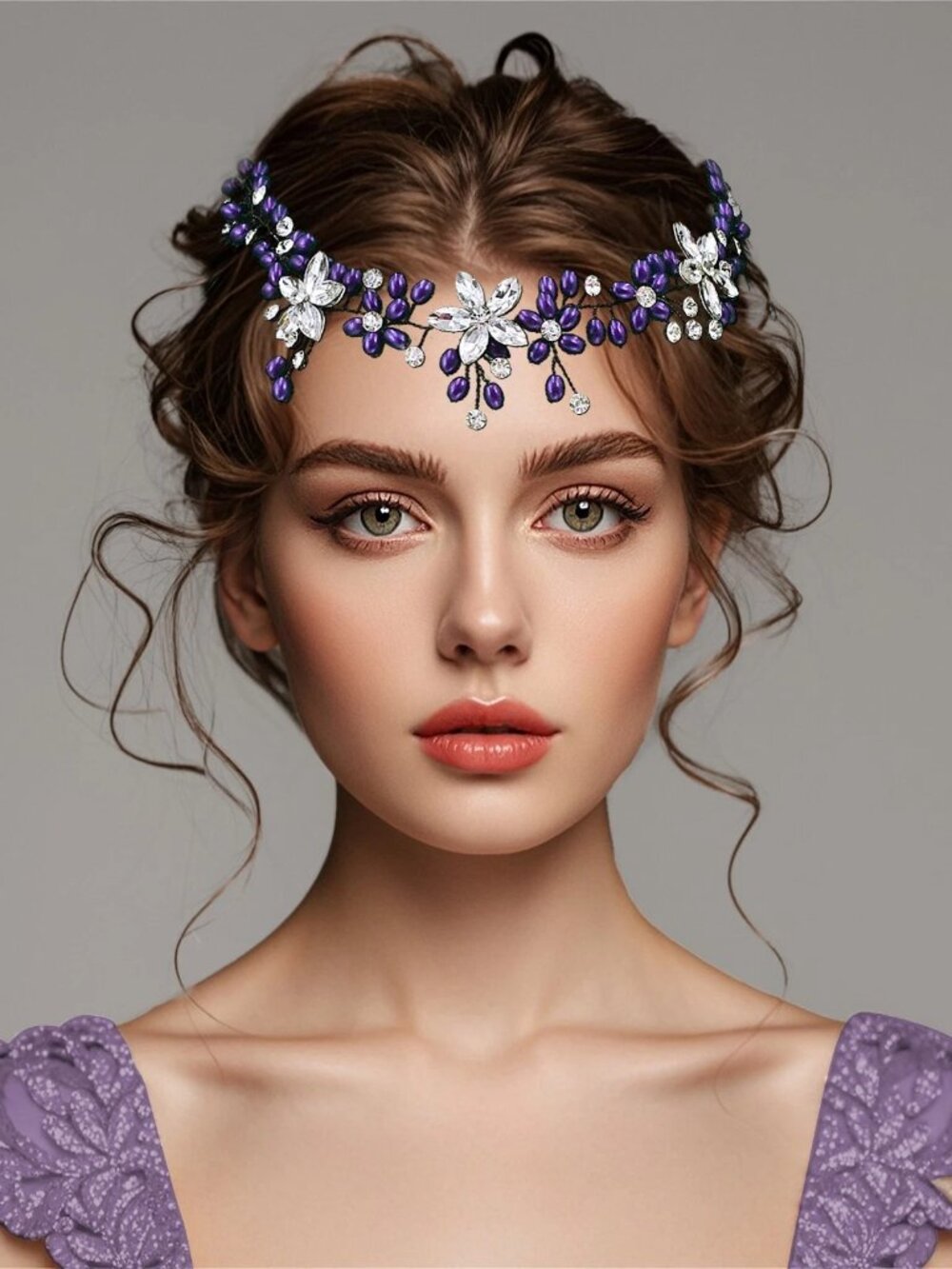Purple Floral Crystal Bridal Hair Vine Headpiece, Handmade Rhinestone Hair Comb